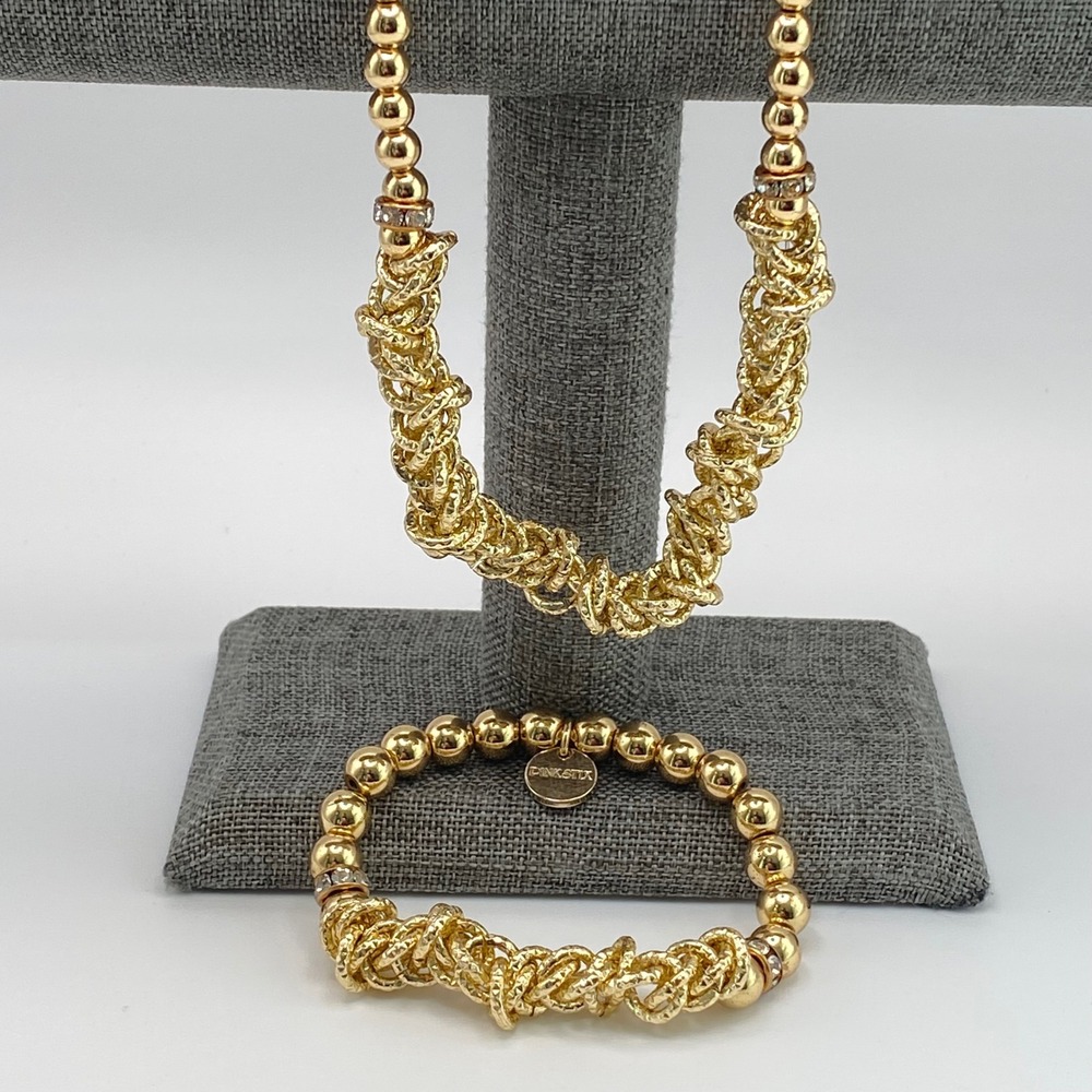 Pinkstix Necklace Bracelet Set Gold Tone Textured Link Statement Jewelry